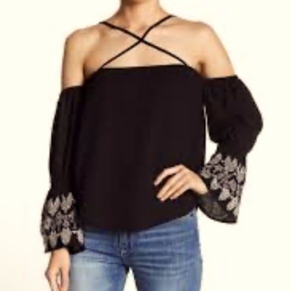 Banjara Off Shoulder Long Bell Sleeve Black Blouse Medium NWT - Picture 1 of 7